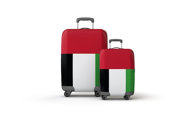 Le valigie di viaggio di destinazione di vacanza della bandiera degli Emirati Arabi Uniti isolate su bianco d rendono