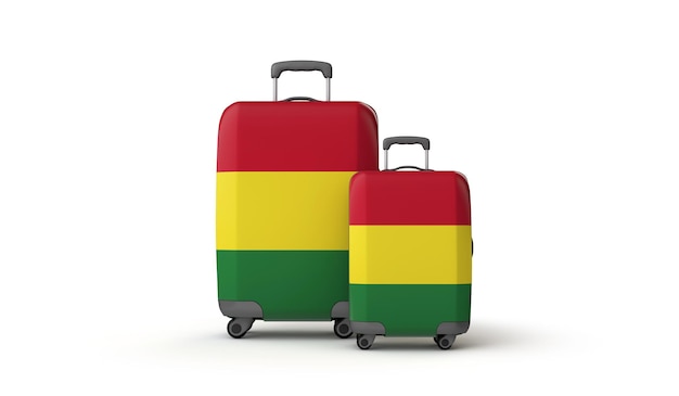 Le valigie di viaggio di destinazione di vacanza della bandiera della Bolivia isolate su bianco d rendono
