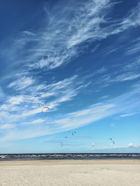 Le vele dei kitesurf svolazzano sul mare. Riposo attivo, velocità, acqua. Kitesurf.