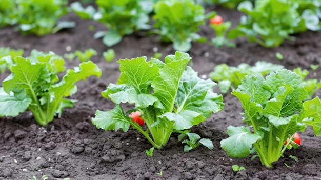 Le verdure a foglia come i ravanelli crescono in giardino