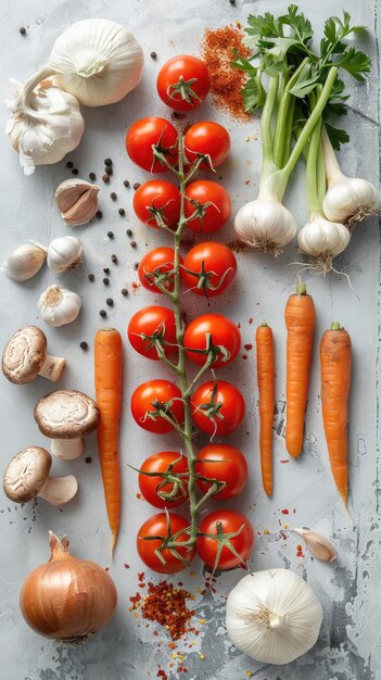 Le verdure fresche come i pomodori, le carote e l'aglio sono ben organizzate.