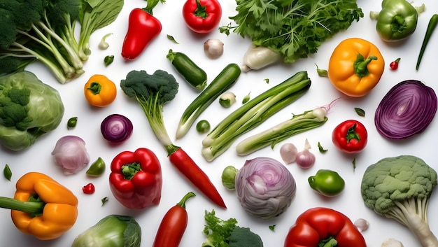 Le verdure sono disposte a forma di cuore dall'alto su uno sfondo bianco