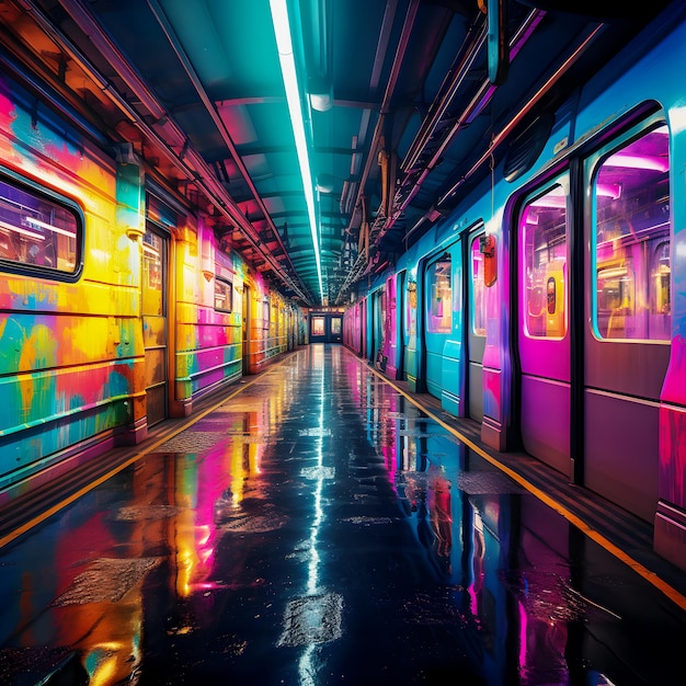 Le vetture della metropolitana dai colori vivaci sono parcheggiate in una stazione della metropolitana