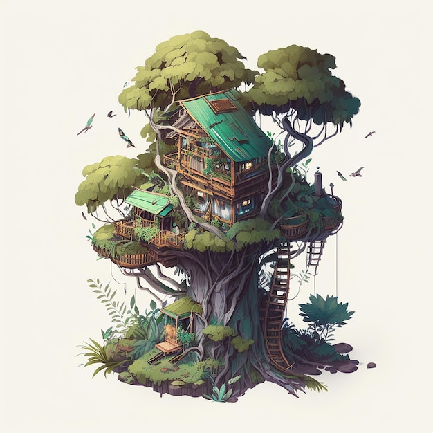 Le ville della casa sull'albero delle fate della foresta disegnano immagini dei cartoni animati Arte generata dall'intelligenza artificiale