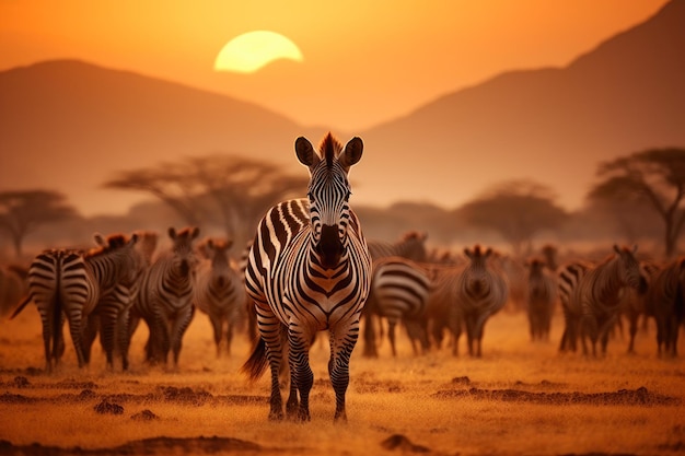 Le zebre delle pianure africane festeggiano alla luce del sole