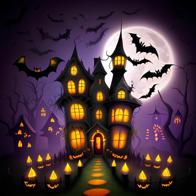 Le zucche di Halloween della foresta e del castello spettrali notturni