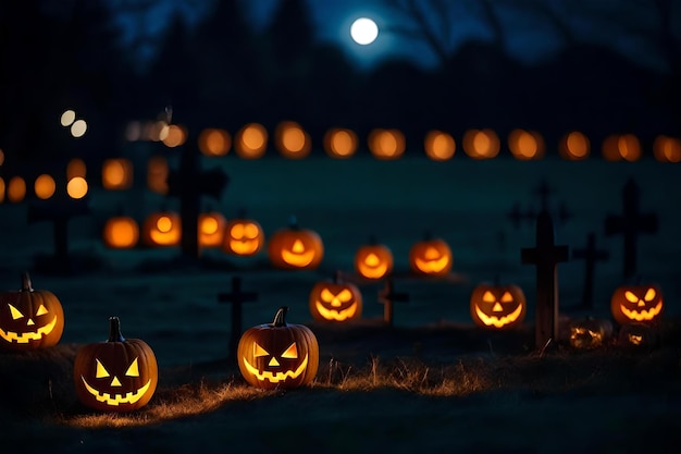 Le zucche di Halloween sono esposte in un cimitero con la luna sullo sfondo.
