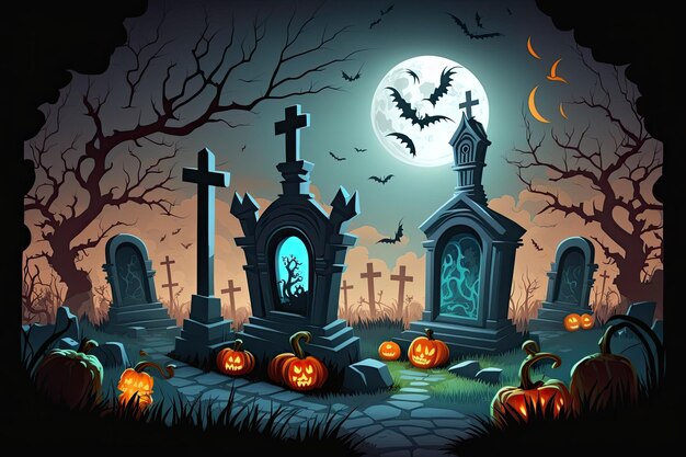 Le zucche di Halloween una luna piena e gli zombi che emergono da un cimitero contengono un'illustrazione