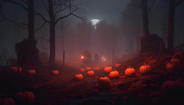Le zucche nell'illustrazione 3d del fondo di halloween del cimitero generano ai