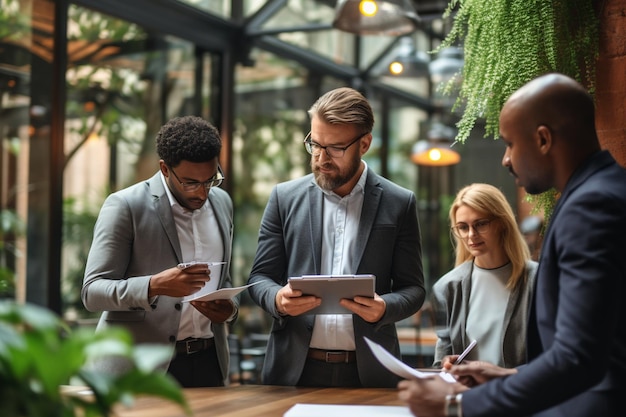 leader del team concentrato che presenta il piano di marketing ai colleghi multirazziali interessati