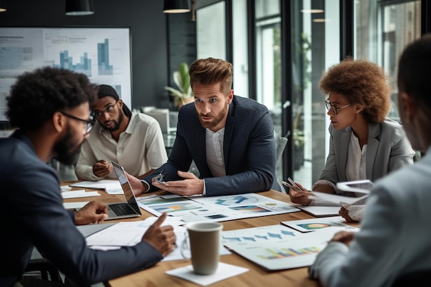 leader del team concentrato che presenta il piano di marketing ai colleghi multirazziali interessati