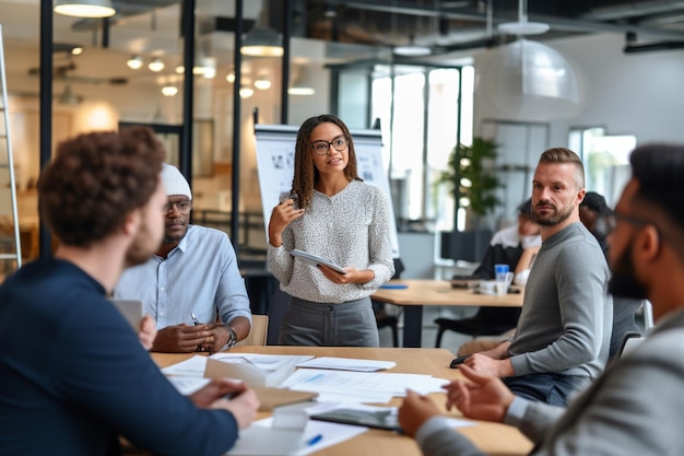 leader del team concentrato che presenta il piano di marketing ai colleghi multirazziali interessati