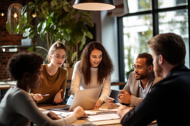 leader del team concentrato che presenta il piano di marketing ai colleghi multirazziali interessati