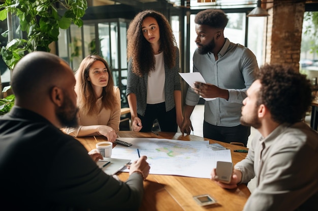 leader del team concentrato che presenta il piano di marketing ai colleghi multirazziali interessati