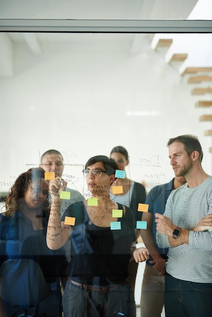 Leader o capo del manager che parlano e pianificano un seminario o una presentazione in un workshop con note adesive in una sala riunioni Donna d'affari che discute e fa brainstorming con i suoi colleghi e colleghi