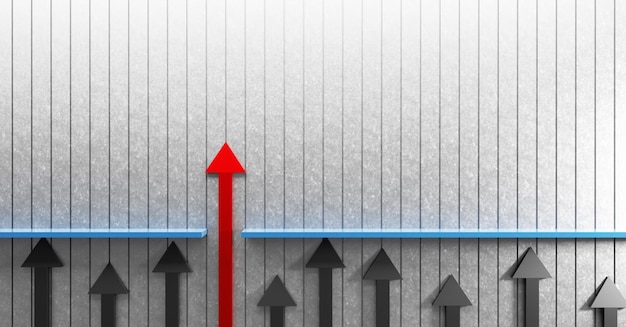 Leadership di crescita aziendale e concetto di vittoria Freccia rossa che passa il muro