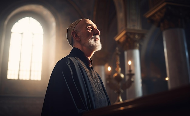 Leadership di preghiera e sacerdote con pastore in chiesa per adorare lo spirito santo e la spiritualità Pregare