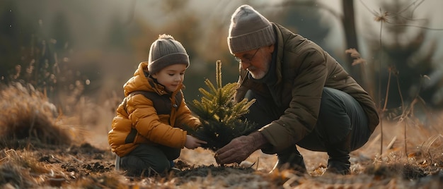 Legame generazionale Nonno e nipote piantano un albero insieme Concetto Famiglia Momenti Connessione con la natura Generazioni Piantare alberi Legame