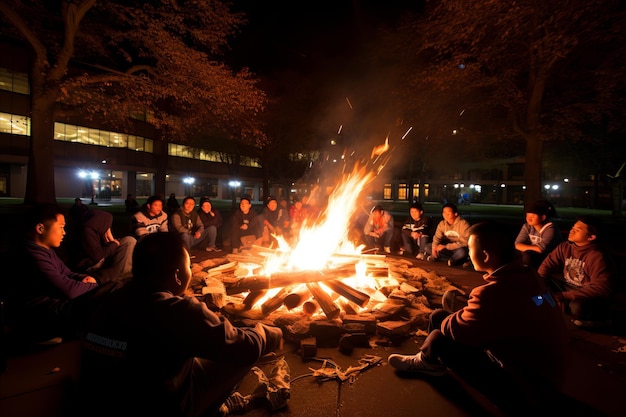 Legame invernale Gruppo di amici che arrostiscono marshmallows su un fuoco caldo nella neve