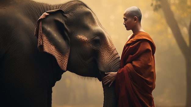 Legame spirituale Novizi o monaci abbracciano gli elefanti Thai Stand