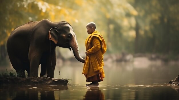 Legame spirituale Novizi o monaci abbracciano gli elefanti Thai Stand