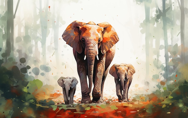 Legami familiari AcquerelStyle Bebè elefante con la madre e il padre nella foresta incantevole