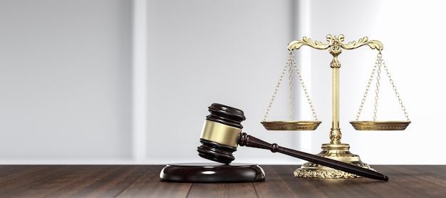 Legge sistema legale giustizia concetto di criminalità martello martello martello e scale sul tavolo d rendering illustrazione