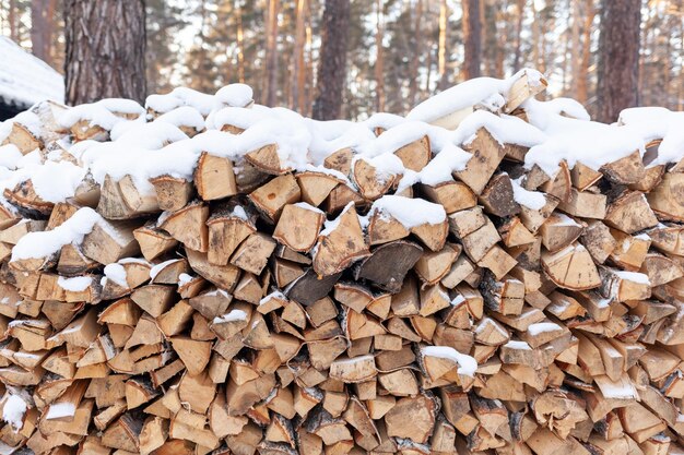 Legna da ardere accatastata ricoperta di legna da ardere di neve bianca e catasta di legna da ardere con legna da ardere accatastata