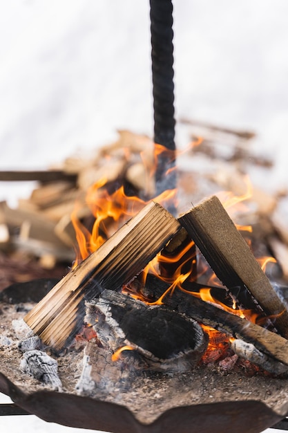 Legna da ardere che brucia all'interno del focolare durante la fredda e nevosa giornata invernale