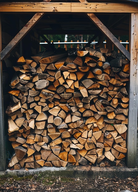 Legna da fuoco impilata in un capanno Una foto di legna da fuoco appilita in un capannone all'aperto