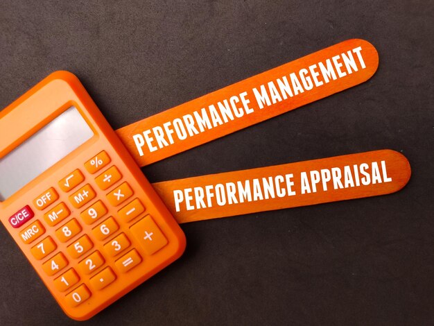 Legno colorato e calcolatrice con la scritta Performance ManagementPerformance Appraisal