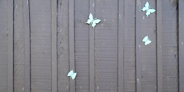 Legno grigio struttura orizzontale sfondo grigio antico tagliere in legno tavolato con farfalla blu