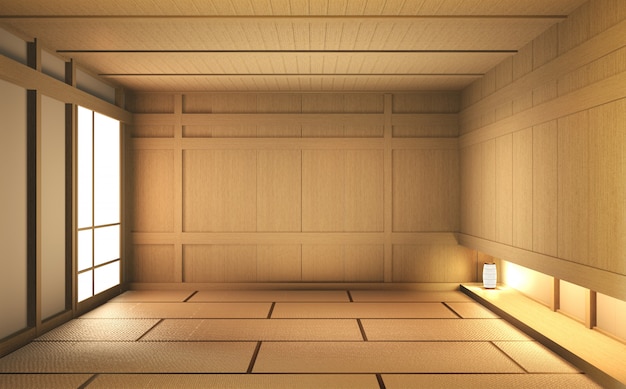 Legno vuoto della stanza su interior design giapponese del pavimento di legno rappresentazione 3d