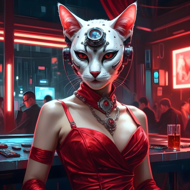 Lei è la gatta cyberpunk asiatica fatale in un costoso vestito rosso al ballo in maschera Lei è intelligente b