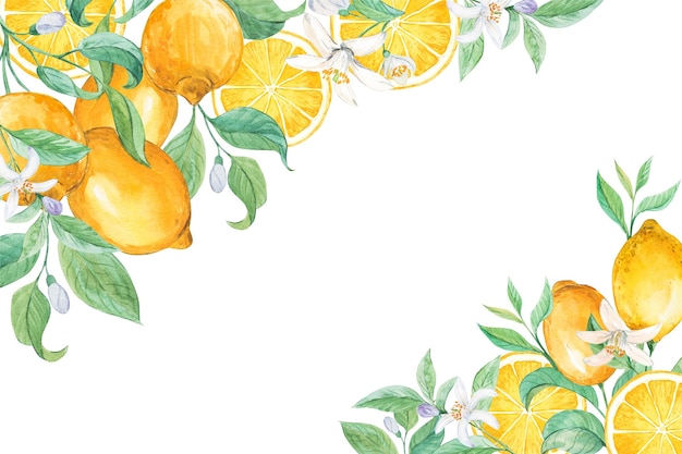 Lemon branches Watercolor on a white background A composition with yellow fruits is placed in the corners Illustration for wedding invitation Italian limoncello or lemonade label Provence style