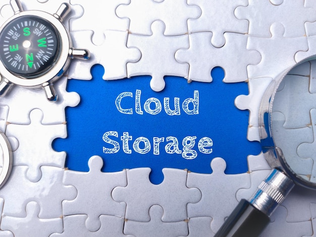 Lente d'ingrandimento e bussola con la parola Cloud Storage