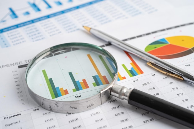 Lente d'ingrandimento su carta millimetrata grafici. Sviluppo finanziario, conto bancario, statistiche, economia dei dati di ricerca analitica degli investimenti, negoziazione in borsa, concetto di riunione aziendale dell'ufficio