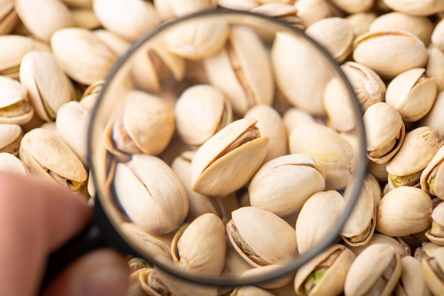 Lente d'ingrandimento sui pistacchi Studiando il concetto di pistacchi il suo effetto sulla salute delle persone