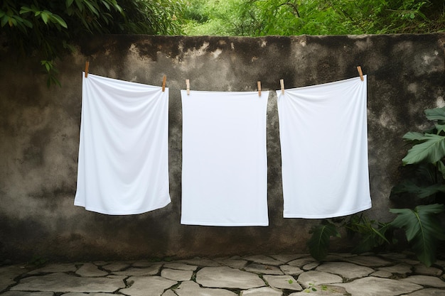 Lenzuola bianche pulite che si asciugano su una linea Lavanderia con spilli per i vestiti su una corda all'aperto Linea di lavanderia a secco pulita Spazio vuoto per il modello di testo