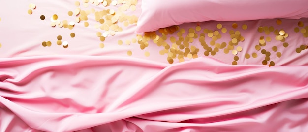 Lenzuola di seta rosa con confetti dorati Vista superiore piatta sullo sfondo di tessuto satinato