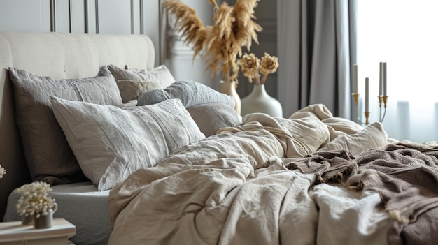 Lenzuola pastel beige e grigio sul letto