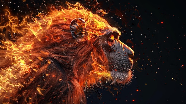 Leone a criniera di fuoco in una rappresentazione artistica digitale dinamica