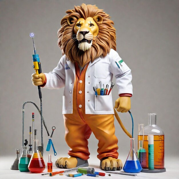 leone caricatura antropomorfo che indossa un abbigliamento chimico con strumenti chimici