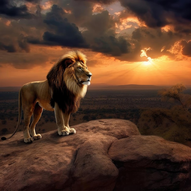 Leone che domina il tramonto della savana