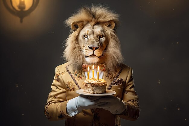 Leone che tiene una torta di compleanno con candele accese su uno sfondo scuro