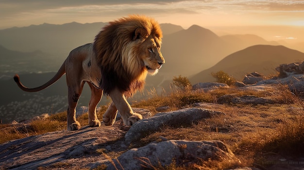 Leone di fotografia naturalistica con sfondo naturale nella vista del tramonto Immagine generata da AI