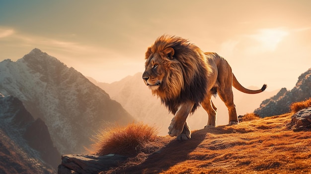 Leone di fotografia naturalistica con sfondo naturale nella vista del tramonto Immagine generata da AI