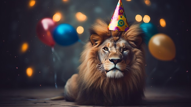 Leone divertente con il cappello della festa di compleanno sullo sfondo