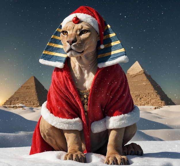 Leone in costume di Babbo Natale seduto sulla neve davanti alle piramidi di Giza