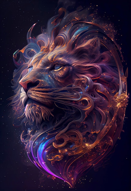 leone nelle nebulose della galassia con uno stile intricato iridescente e con la forma di una faccia di leone